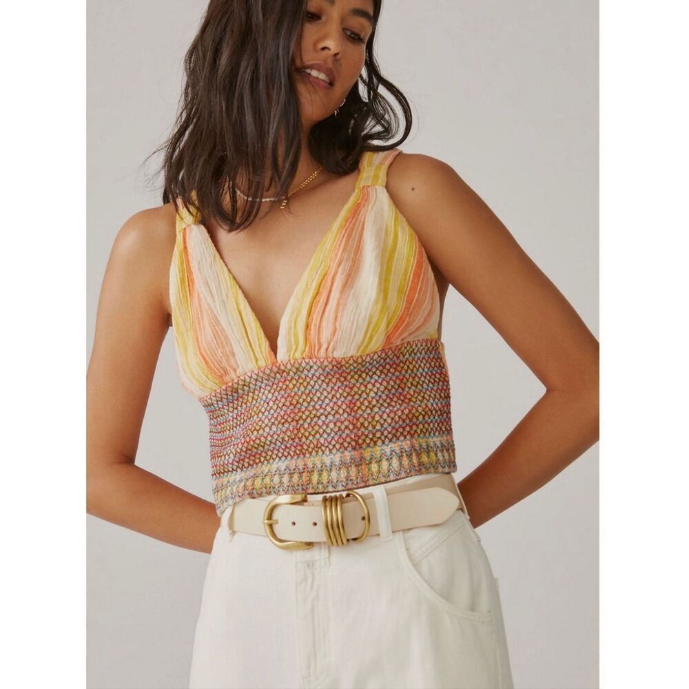 Anthropologie Large Striped Smocked Tank Crop Top Multicolor Boho Cotton V-Neck